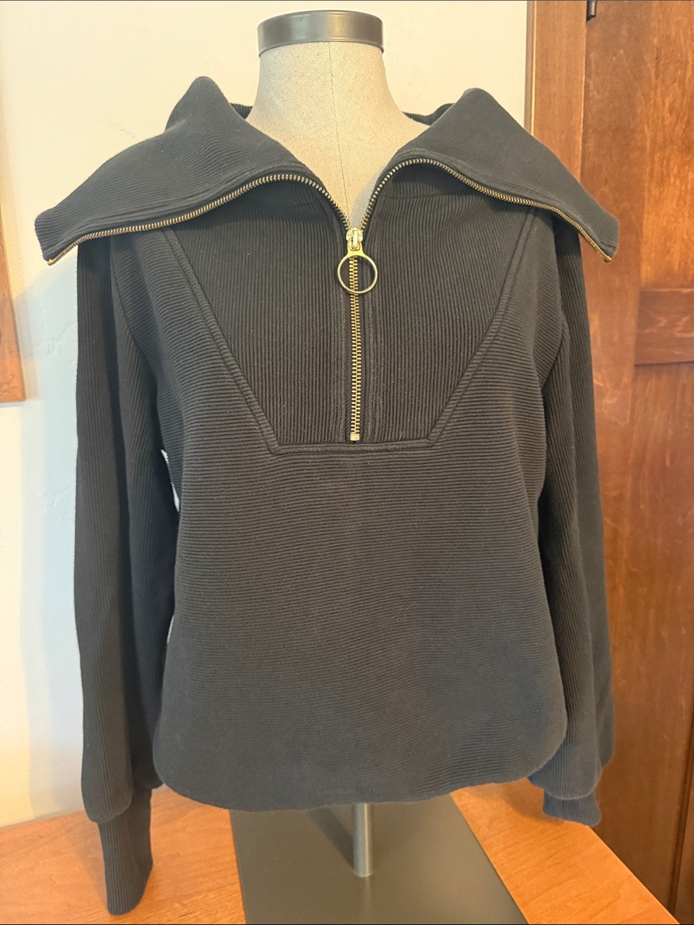 Varley Black Ribbed Cowl Half-Zip Sweater with Ring Pull